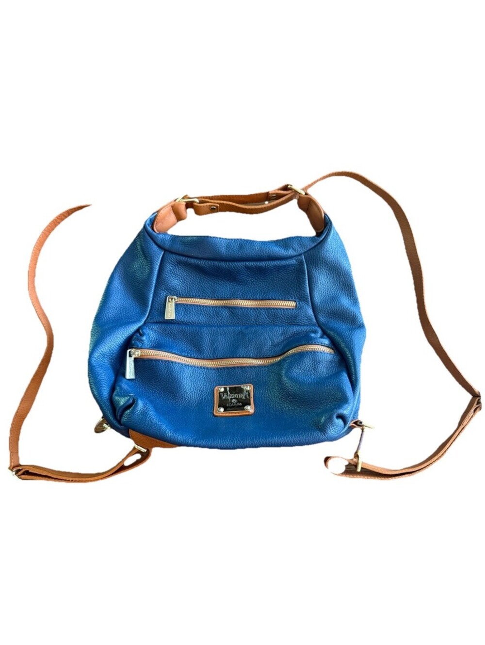 Valentina Italia Leather Convertible Shoulder bag Backpack Blue Tan Gold